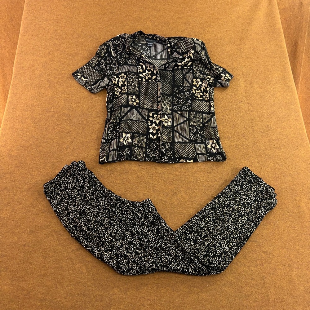 Notations Womens M/L Black Floral Geometric Rayon 2pc Shirt and Pants Set